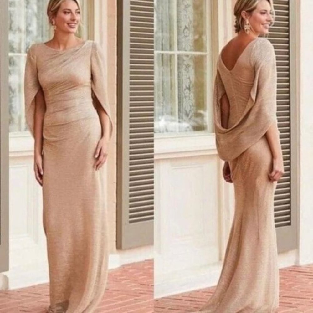 Betsy & Adam Champagne Knit Draped-Back Evening Gown